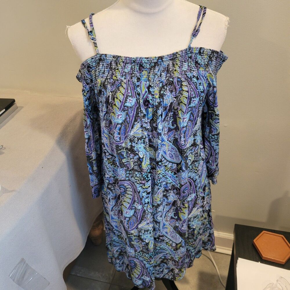 Lascana Off Shoulder Blue Paisley Patterned Mini Dress size US10